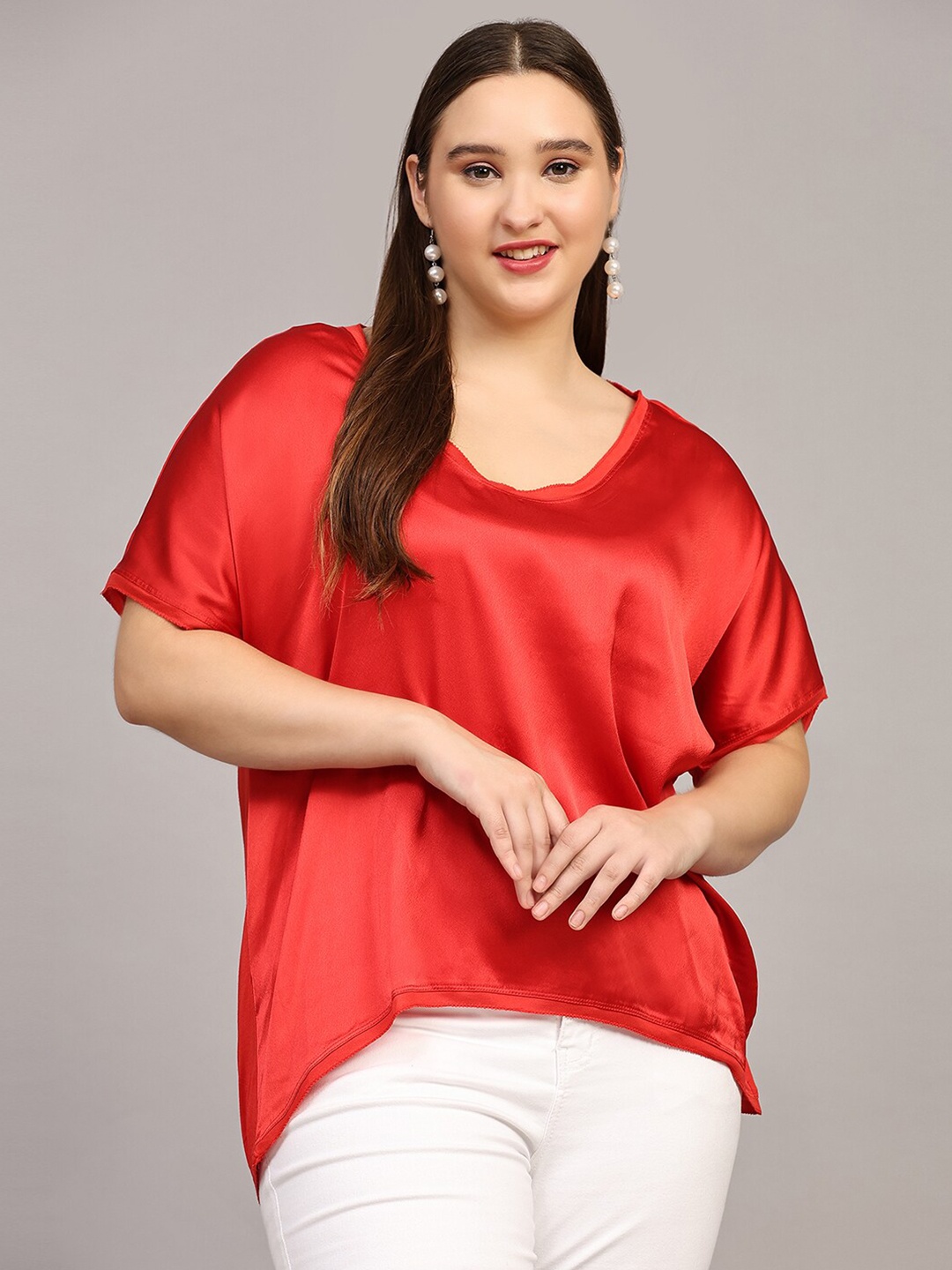 

Pomegal Plus Size Extended Sleeves Sheen Top, Red