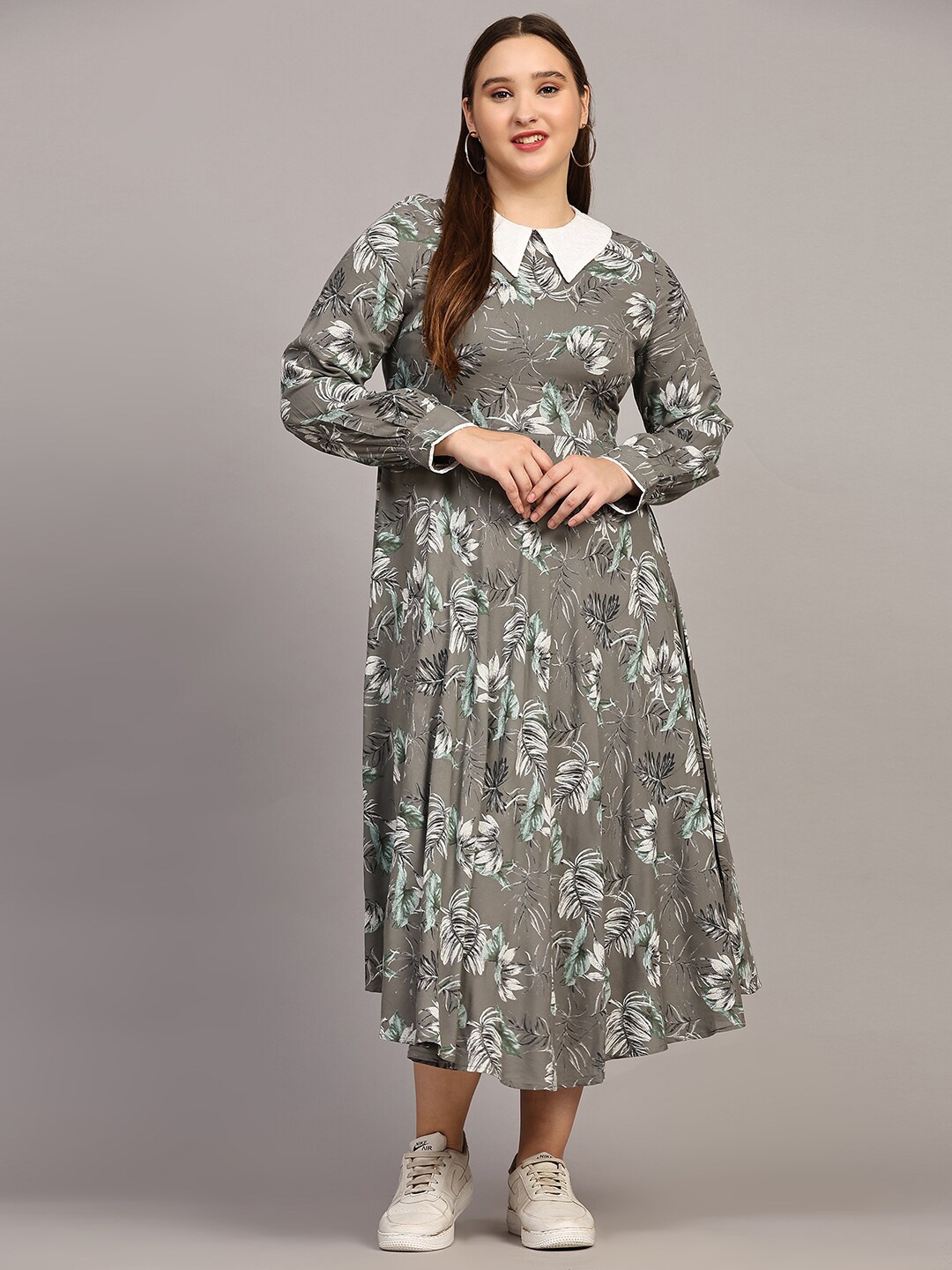 

Pomegal Floral Printed Peter Pan Collar Fit and Flare Cotton Midi Dress, Grey