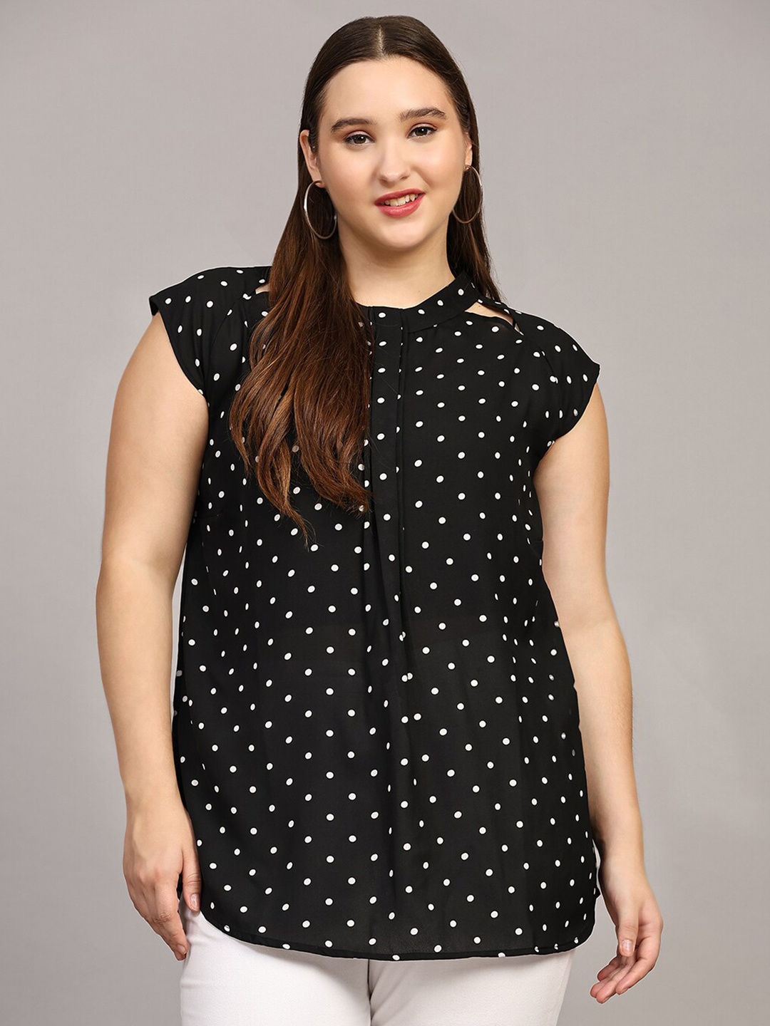 

Pomegal Pluse Size Polka Dot Printed Mandarin Collar Shirt Style Top, Black