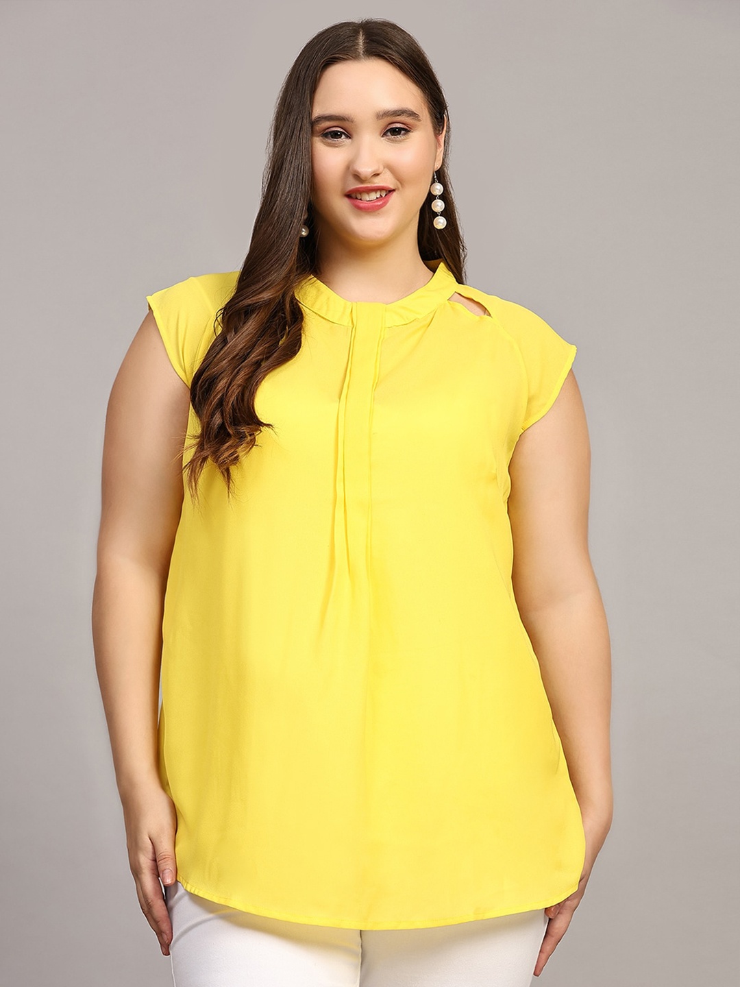 

Pomegal Plus Size Mandarin Collar Cap Sleeves Top, Yellow