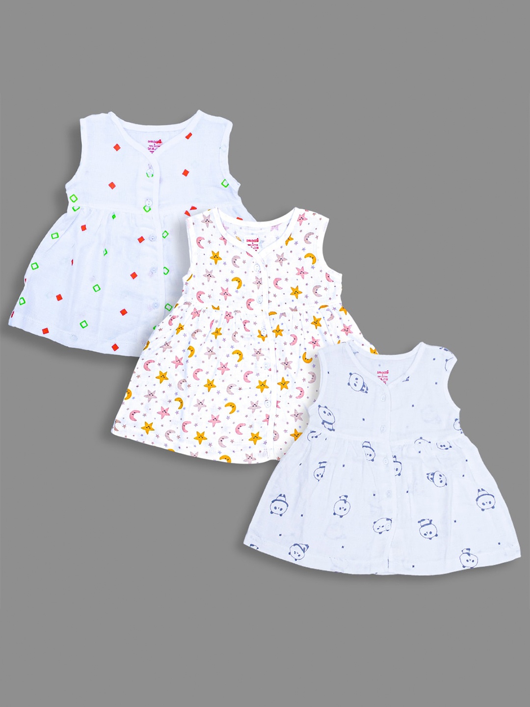 

Born Babies Infants Girls Pack Of 3 Conversational Printed Organic Cotton A-Line Dress, White