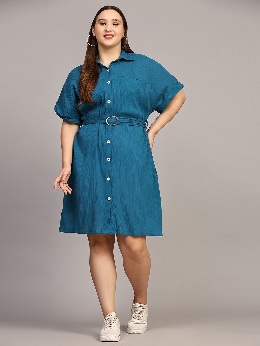 

Pomegal Extended Sleeves Cotton Shirt Dress, Teal