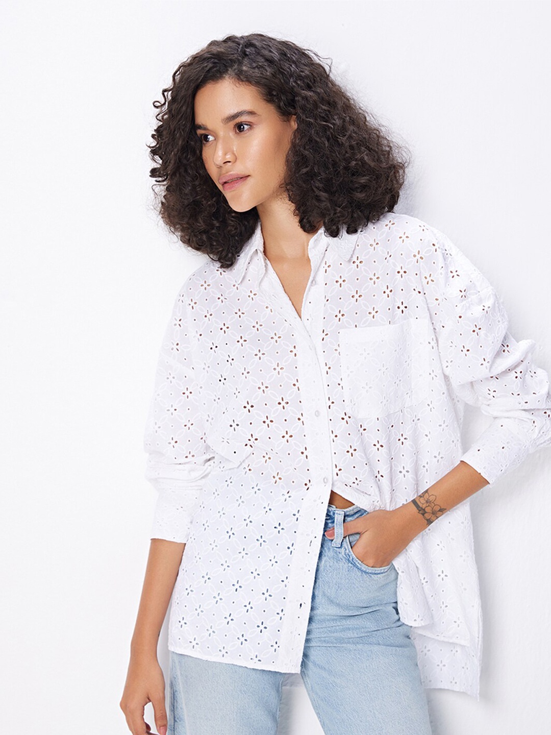 

COVER STORY White Floral Schiffli Self Design Cotton Longline Casual Shirt