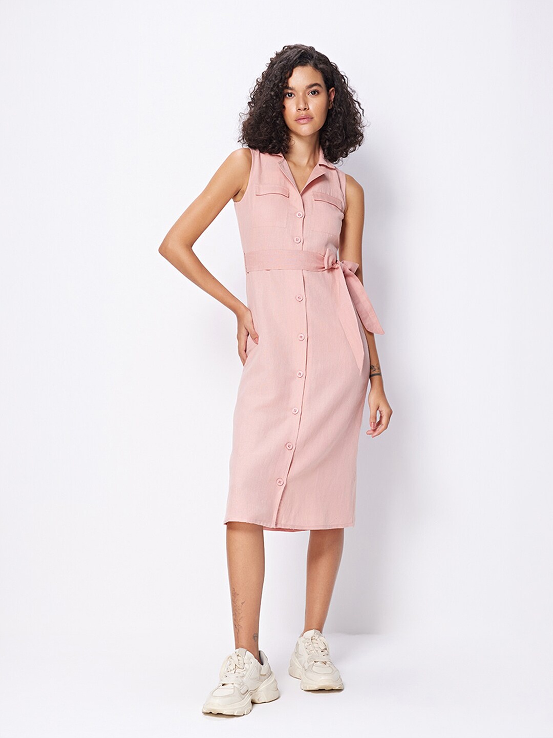 

COVER STORY Notch Lapel Collar Belted Linen Shirt Midi Dress, Pink