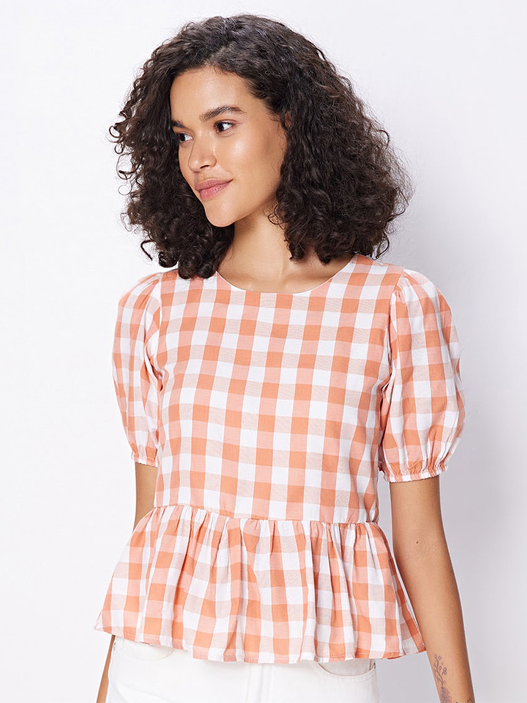

COVER STORY Orange & White Checked Puff Sleeves Cotton Cinched Waist Top