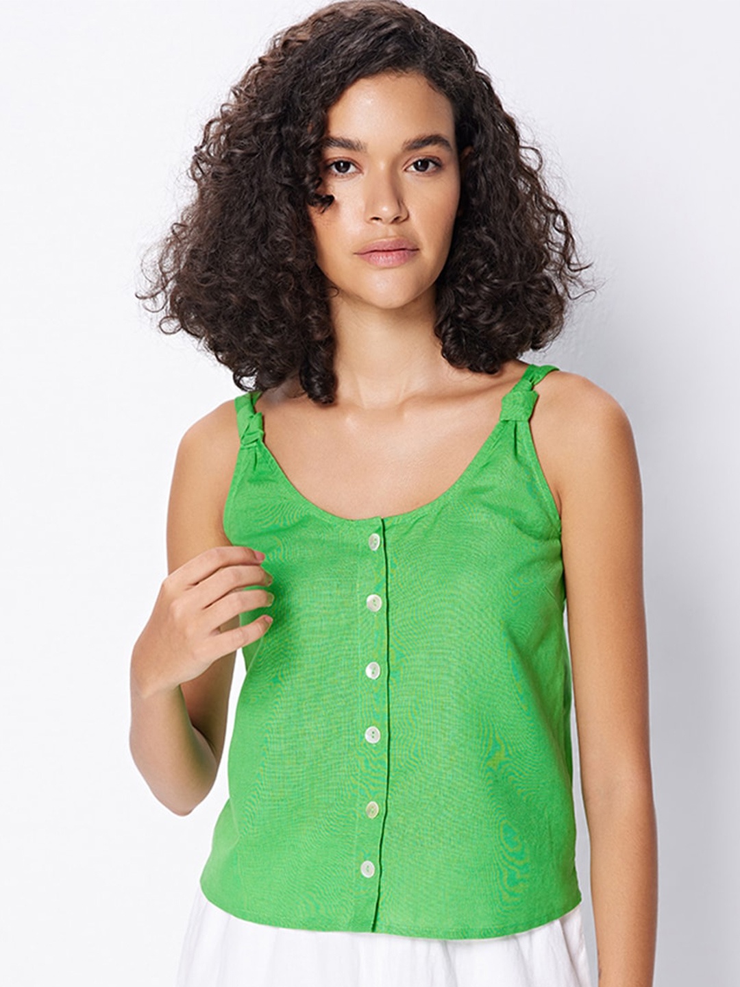 

COVER STORY Green Abstract Printed Shoulder Straps Cotton Linen Top