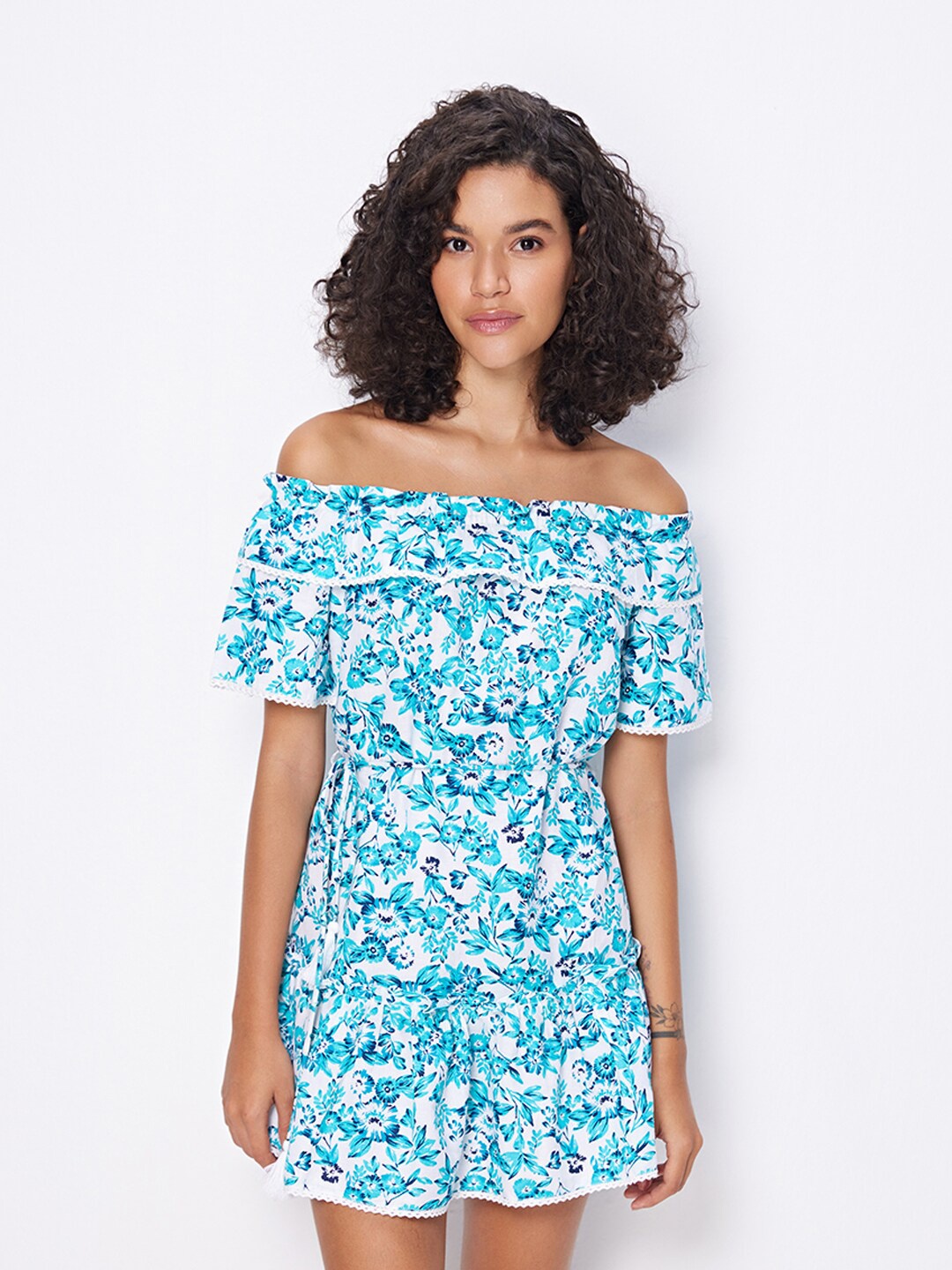 

COVER STORY Floral Printed Off-Shoulder Cotton A-Line Mini Dress, Blue