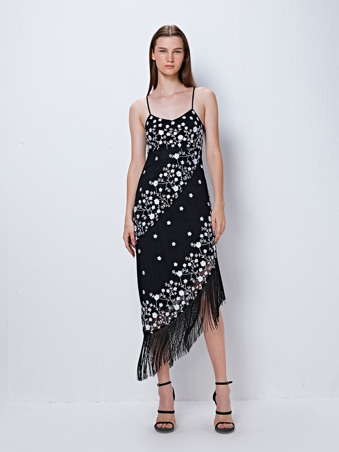 

COVER STORY Floral Embroidered Shoulder Straps Sheath Midi Dress, Black