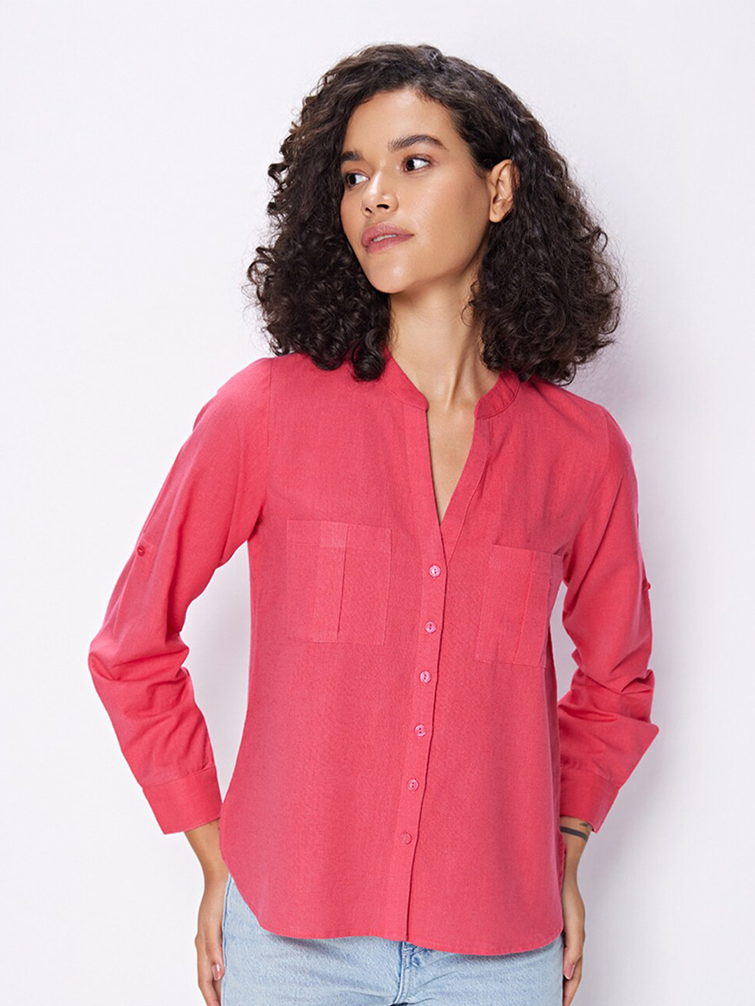 

COVER STORY Pink Mandarin Collar Long Sleeves Casual Shirt