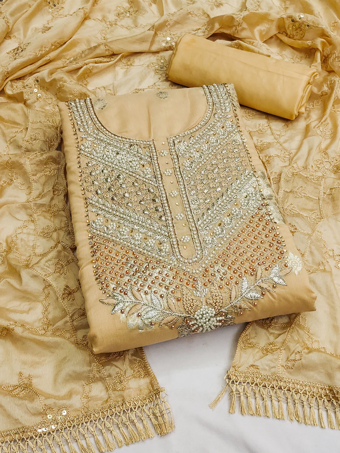 

KALINI Floral WOven Design Beads & Stones Unstitched Dress Material, Yellow
