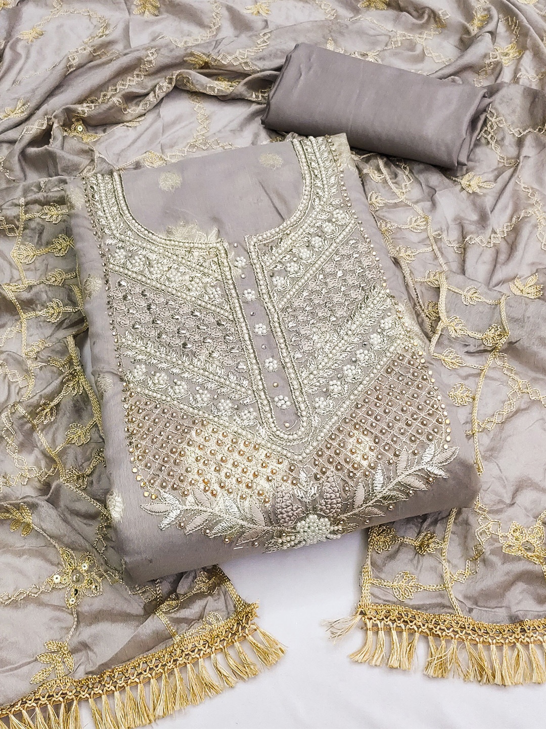 

KALINI Floral Woven Design Embellished Unstitched Dress Material, Grey