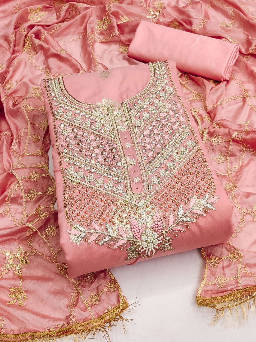 

KALINI Floral Woven Design Beads & Stones Unstitched Dress Material, Peach
