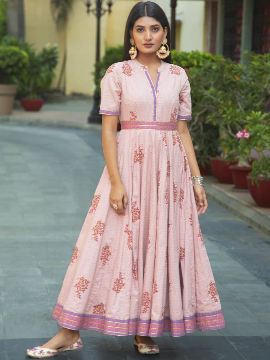

Indian Virasat Floral Printed Cotton Maxi Ethnic Dress, Pink