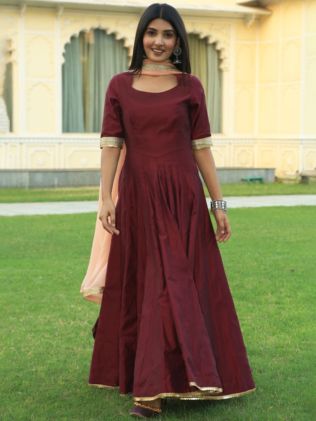 

Indian Virasat Thread Work Chanderi Cotton Kurta with Skirt & Dupatta, Maroon
