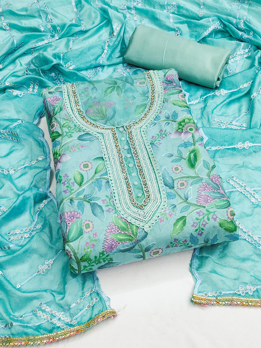 

KALINI Floral Printed Beads & Stones Organza Unstitched Dress Material, Blue