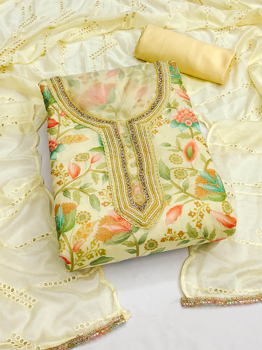 

KALINI Floral Printed Beads & Stones Organza Unstitched Dress Material, Yellow