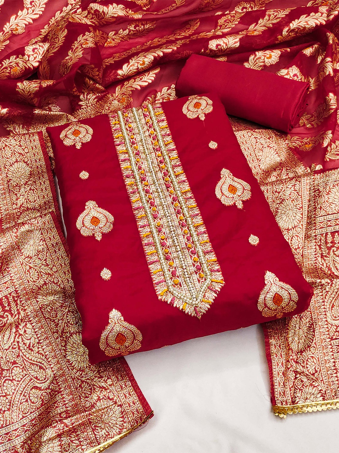 

KALINI Ethnic Motifs Woven Design Organza Unstitched Dress Material, Maroon