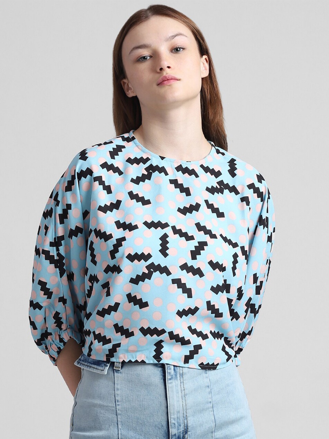 

ONLY Floral Print Puff Sleeve Cinched Waist Top, Blue