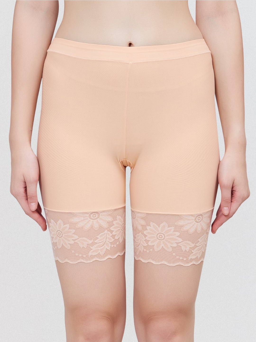 

PLUMBURY Women Slim Fit High Rise Rapid Dry Cycling Shorts With Lace, Beige