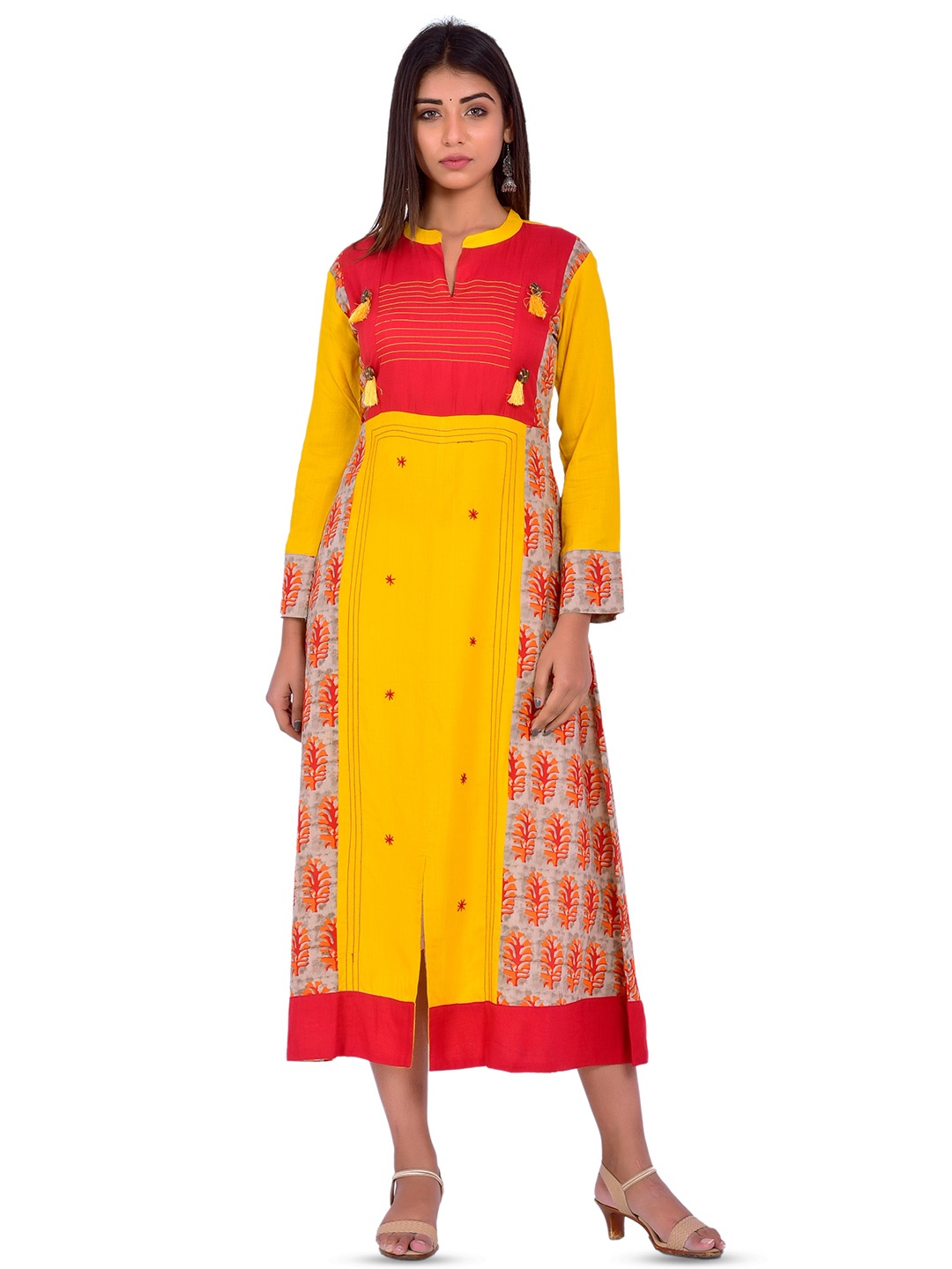 

misbis Floral Printed Thread Work Ethnic Dress, Yellow
