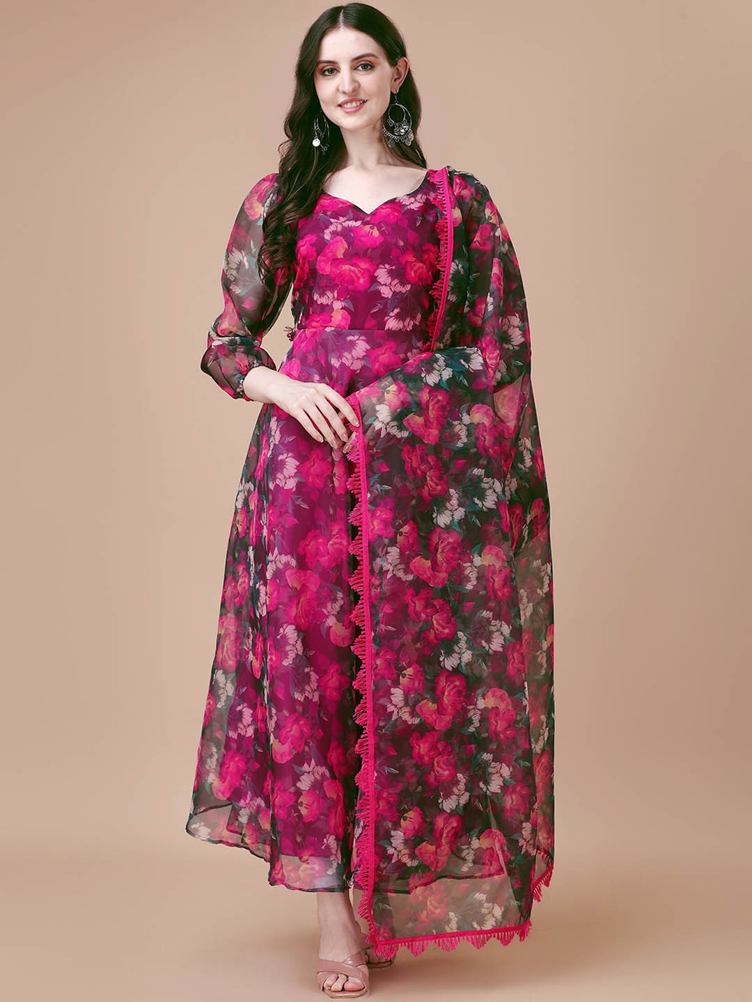 

Wedani Floral Printed V-Neck Anarkali Kurta with Trousers & Dupatta, Pink