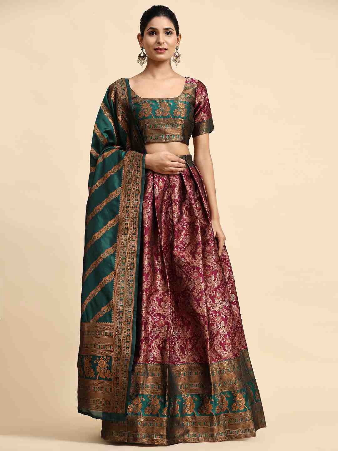 

Phenav Ethnic Woven Design Ready to Wear Lehenga & Blouse With Dupatta, Maroon