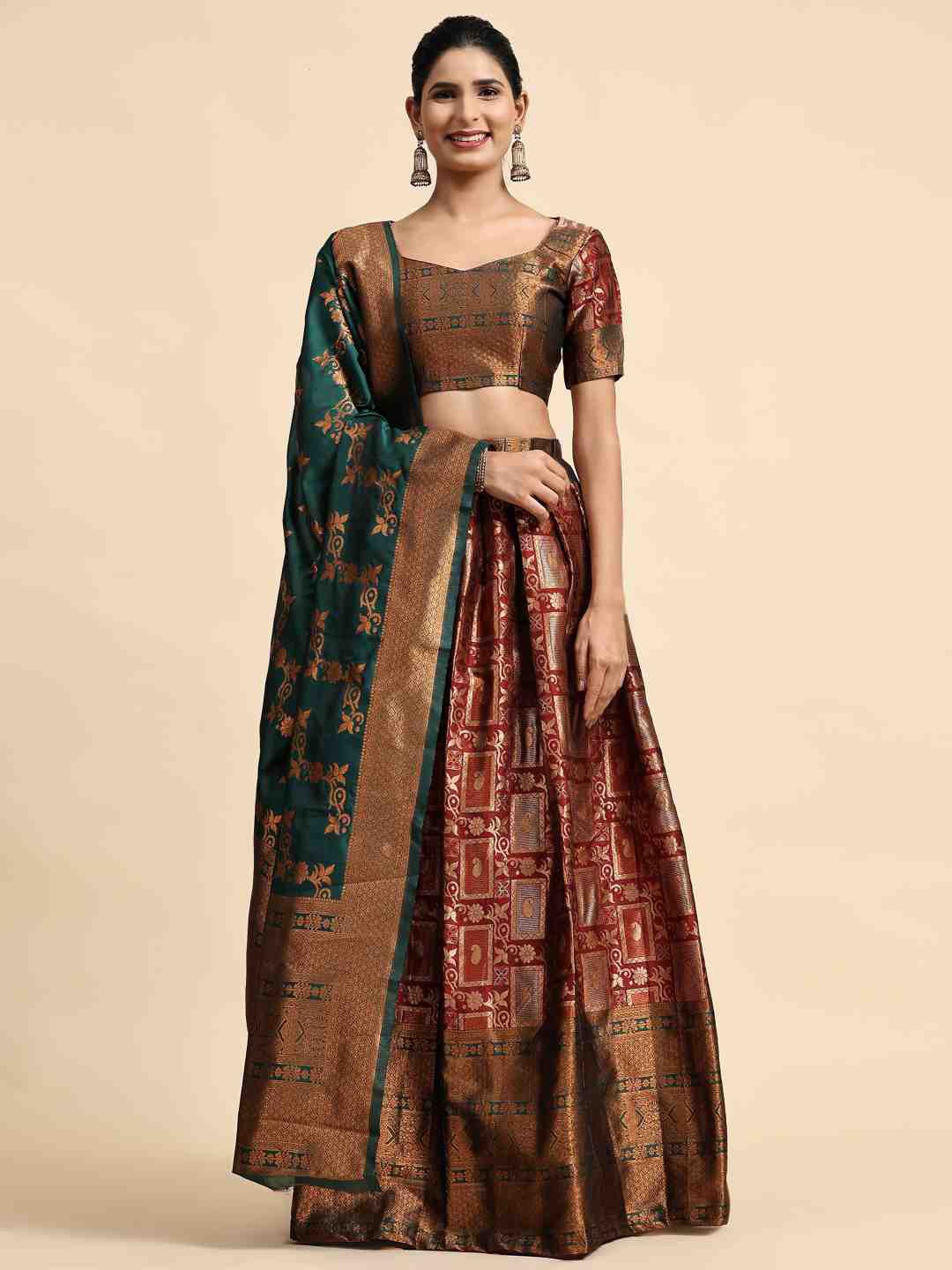 

Phenav Woven Design Jute Silk Ready to Wear Lehenga & Blouse With Dupatta, Maroon