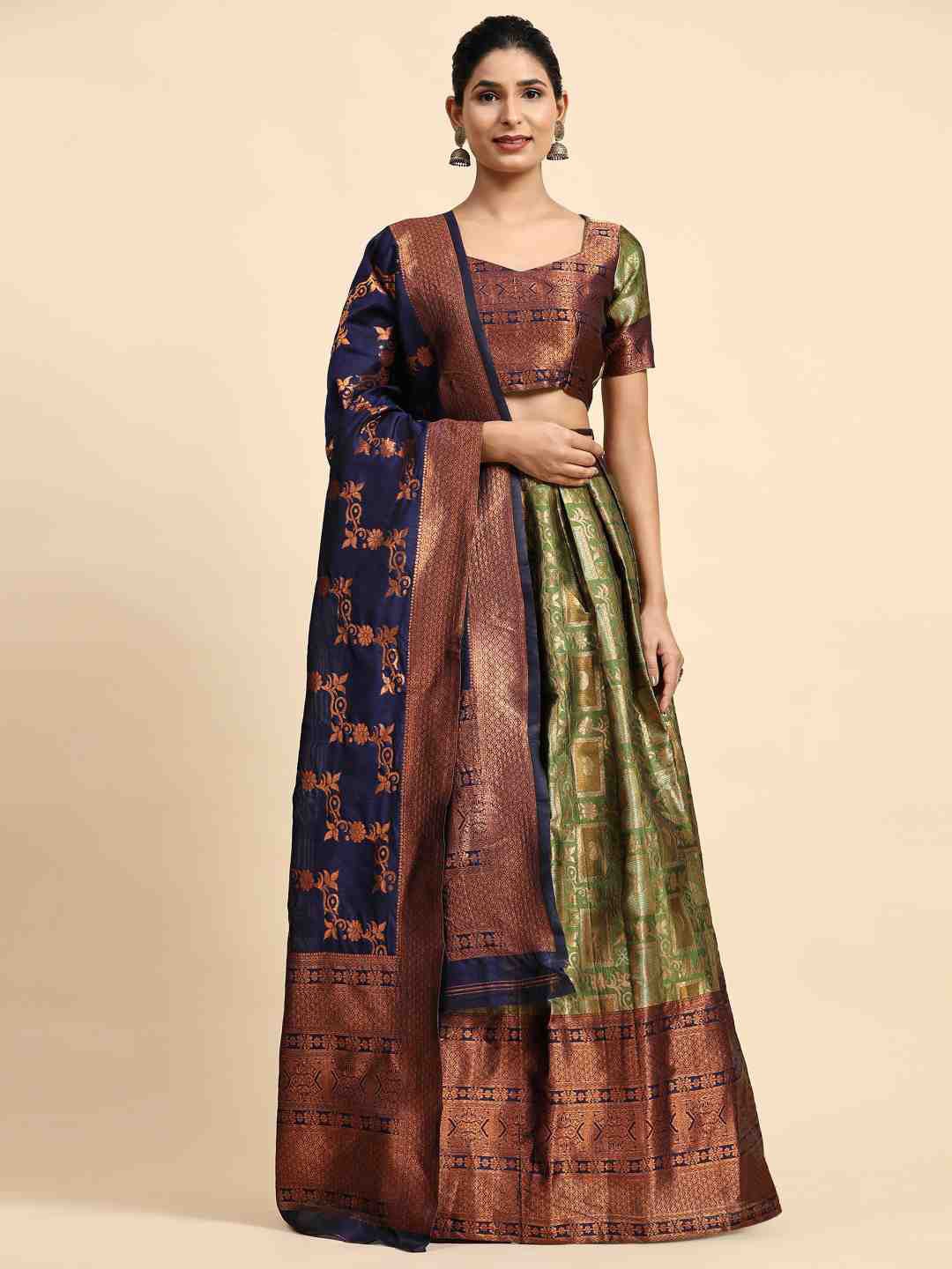 

Phenav Woven Design Jute Silk Ready To Wear Lehenga & Blouse With Dupatta, Olive