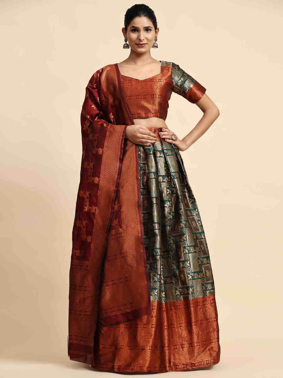 

Phenav Ethnic Woven Design Ready to Wear Lehenga & Blouse With Dupatta, Green