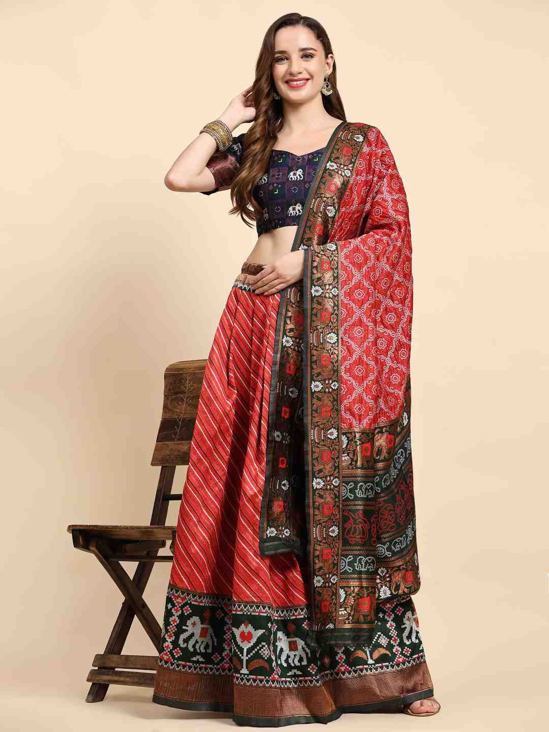 

Phenav Printed Ready to Wear Lehenga & Blouse With Dupatta, Red