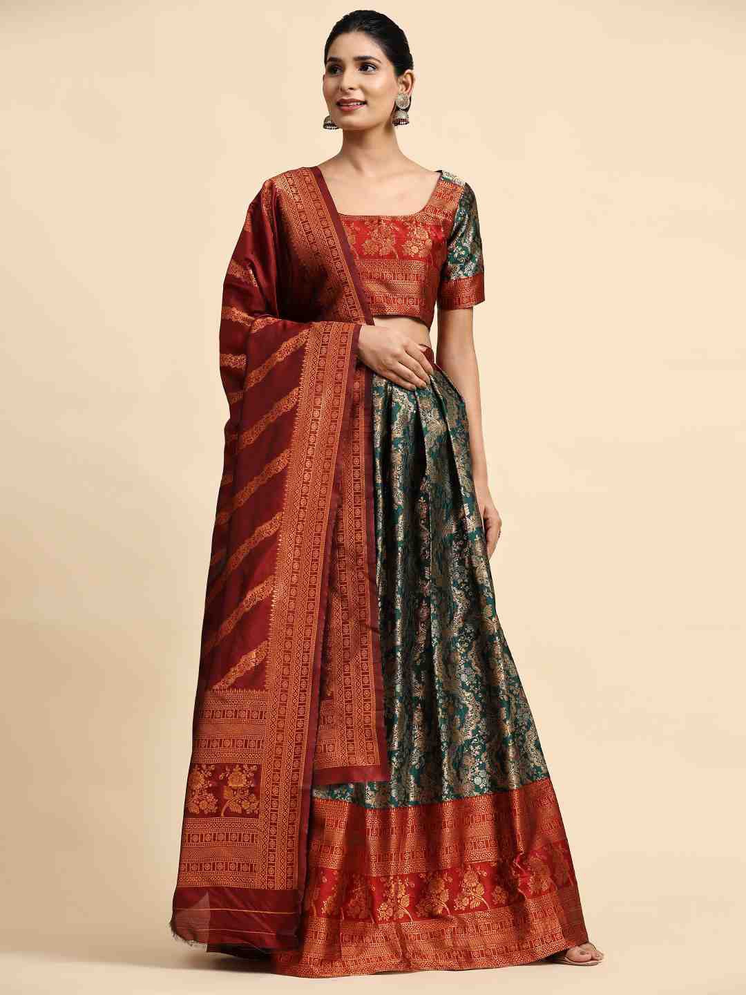 

Phenav Ethnic Motifs Woven Design Ready To Wear Jute Silk Lehenga & Blouse With Dupatta, Green