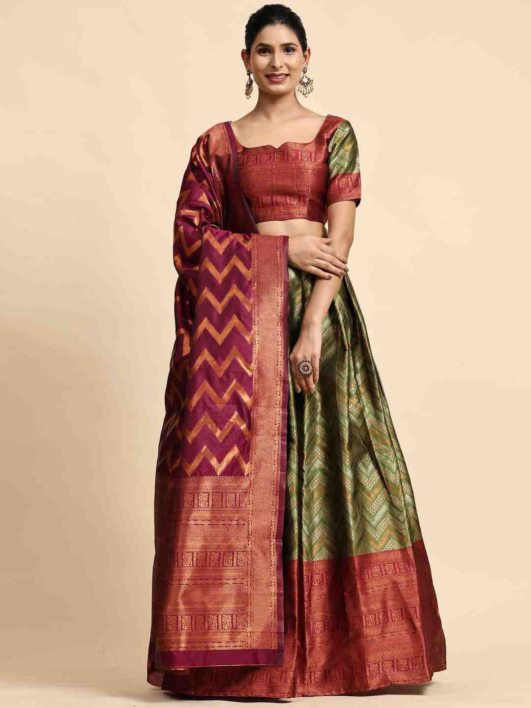 

Phenav Woven Design Ready to Wear Lehenga & Blouse With Dupatta, Olive