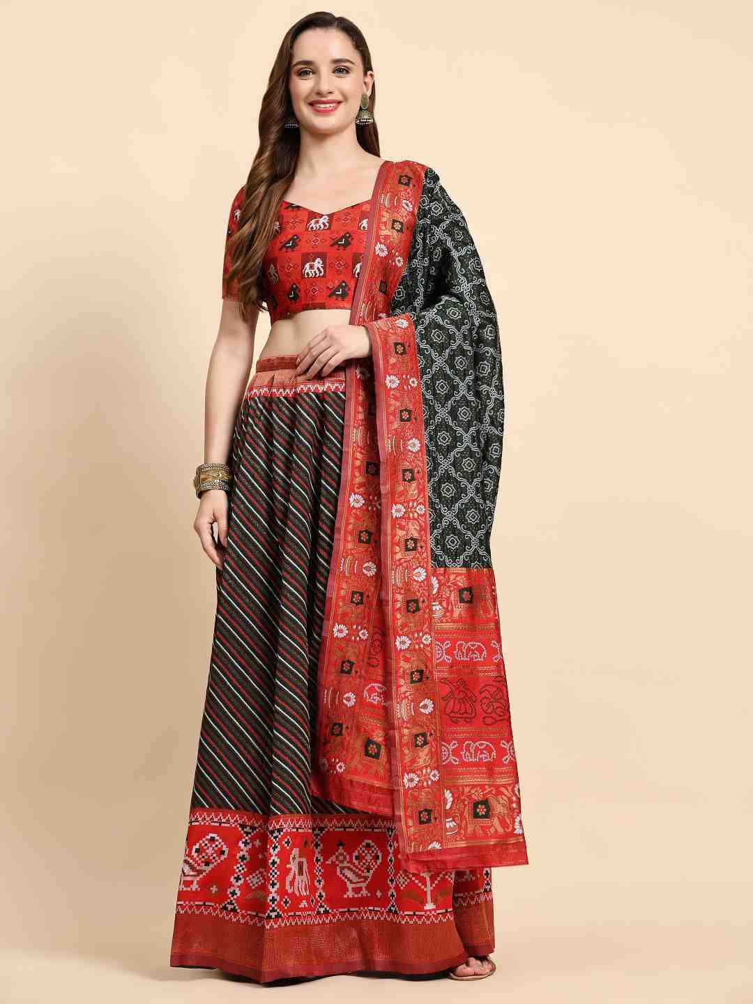 

Phenav Woven Design Jute Silk Ready To Wear Lehenga & Blouse With Dupatta, Green