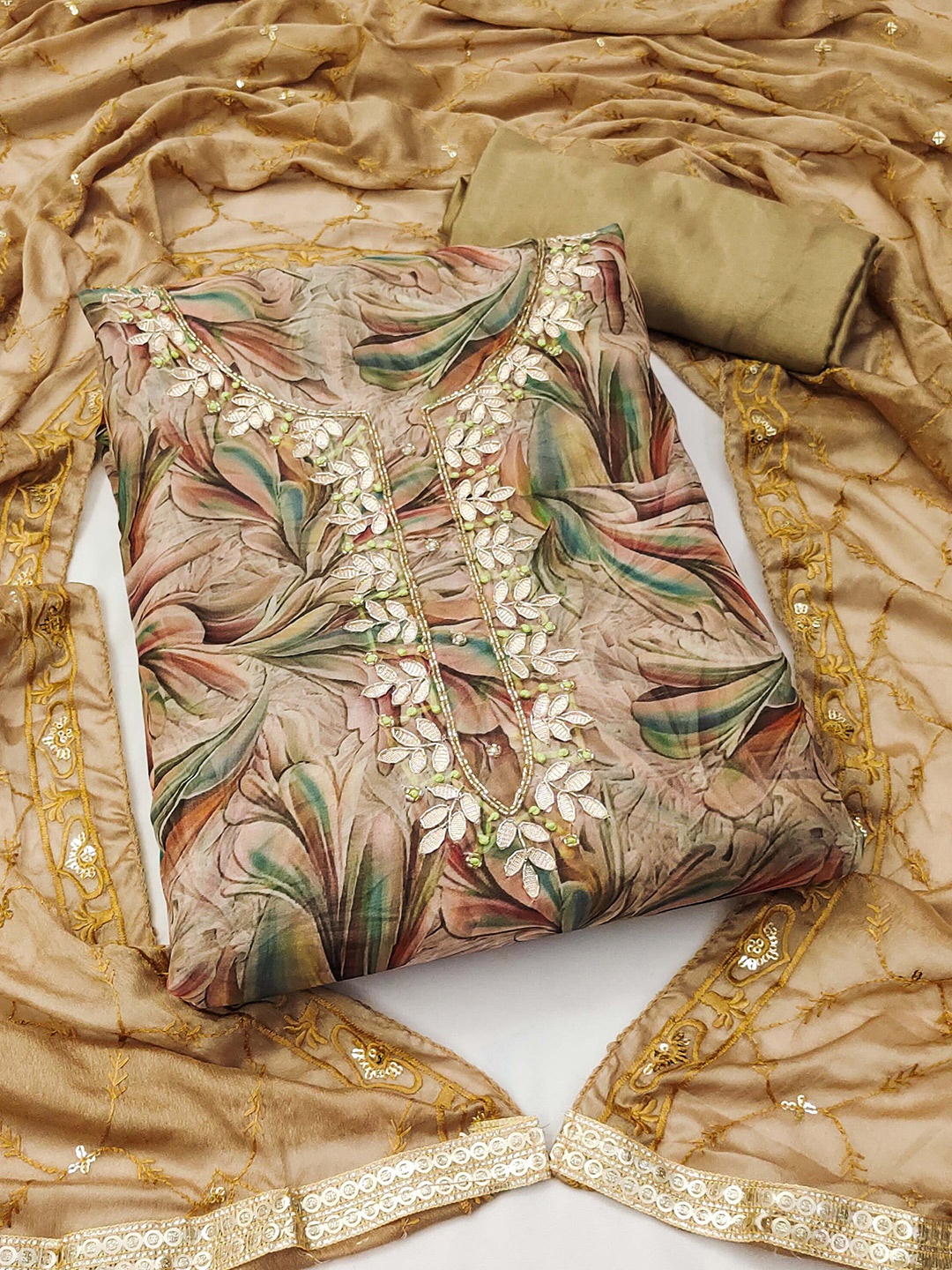 

KALINI Floral Printed Embroidered Organza Unstitched Dress Material, Brown