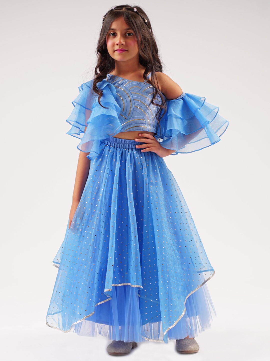 

LIL DRAMA Girls Embroidered Ready to Wear Lehenga & Blouse, Blue