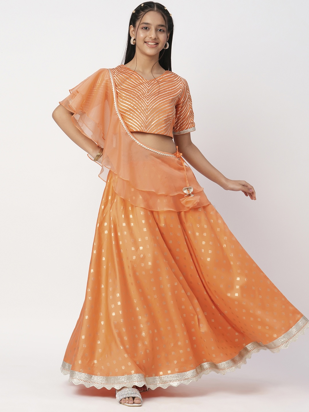 

LIL DRAMA Girls Embellished Ready to Wear Lehenga & Blouse With Dupatta, Orange