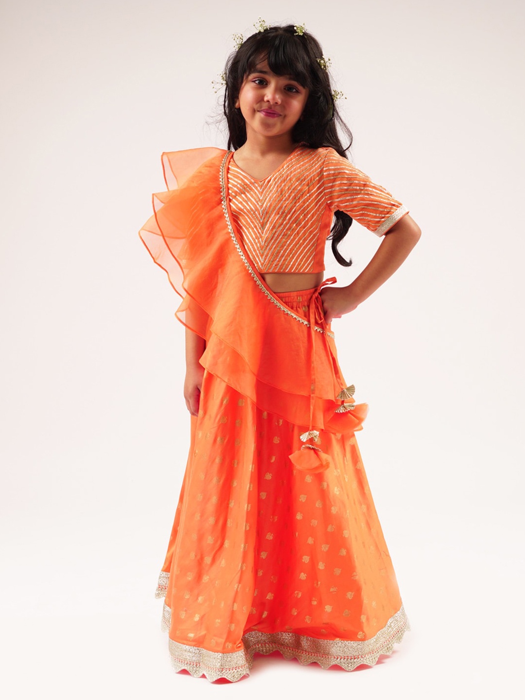 

LIL DRAMA Girls Embellished Ready to Wear Cotton Lehenga & Blouse With Dupatta, Orange