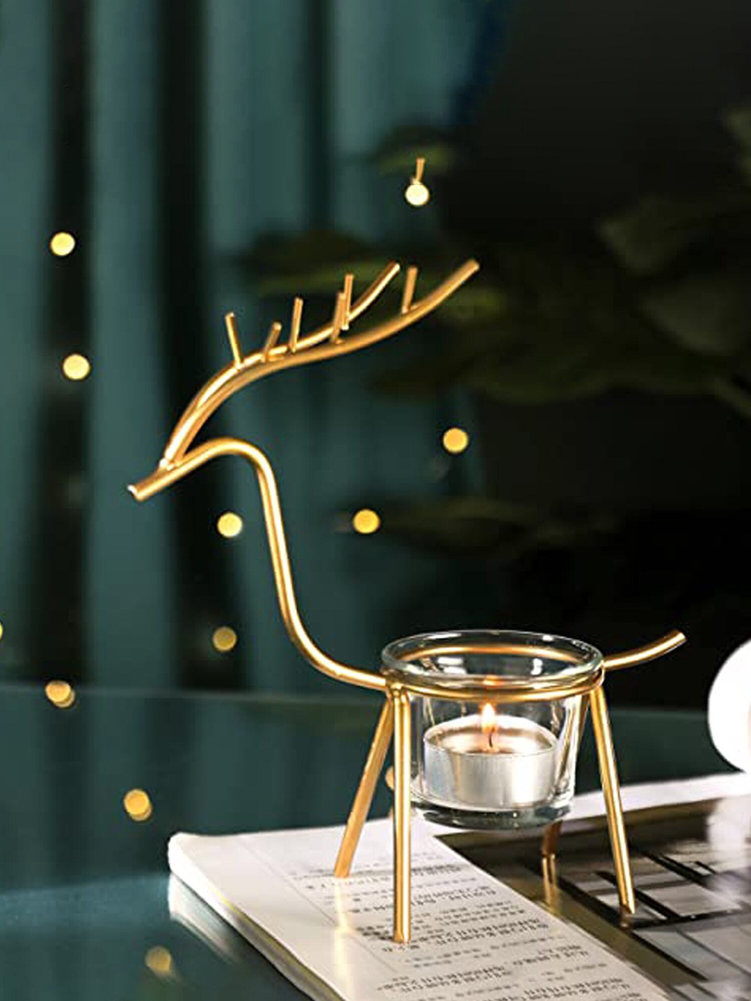 

The Purple Tree Golden Clear Glass Reindeer Tealight Holder, Gold