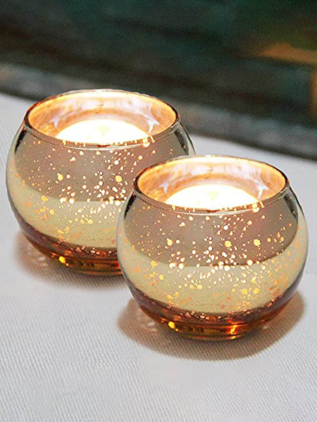 

The Purple Tree Gold Toned 2 Pieces Textured Glass Moroccan Tealight Candle Holders