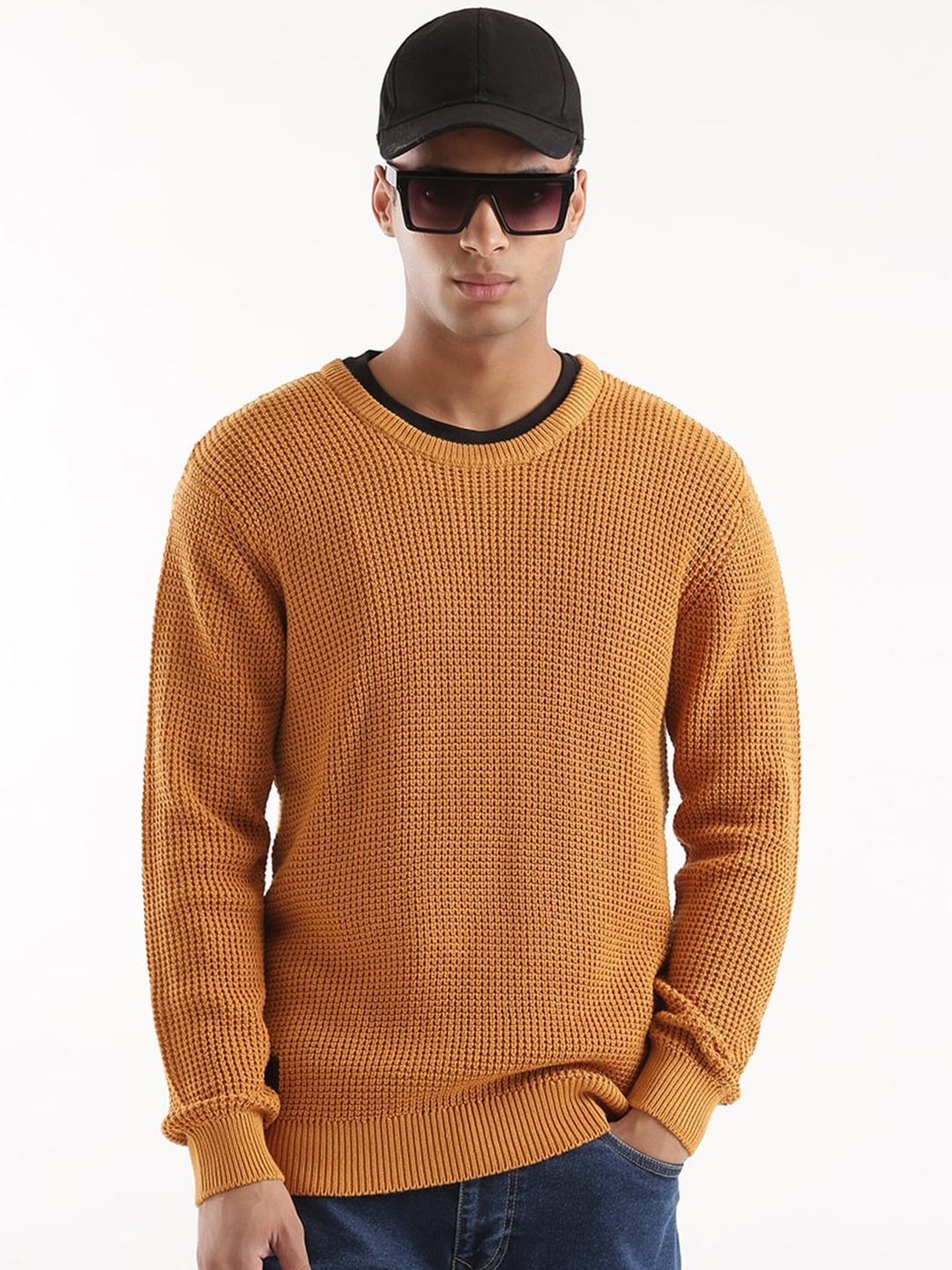 

WROGN Cable Knitted Round Neck Cotton Pullover Sweater, Mustard