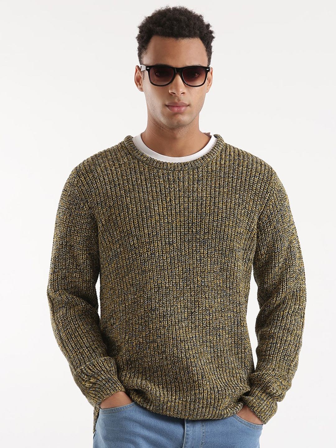 

WROGN Cable Knitted Round Neck Cotton Pullover Sweater, Mustard