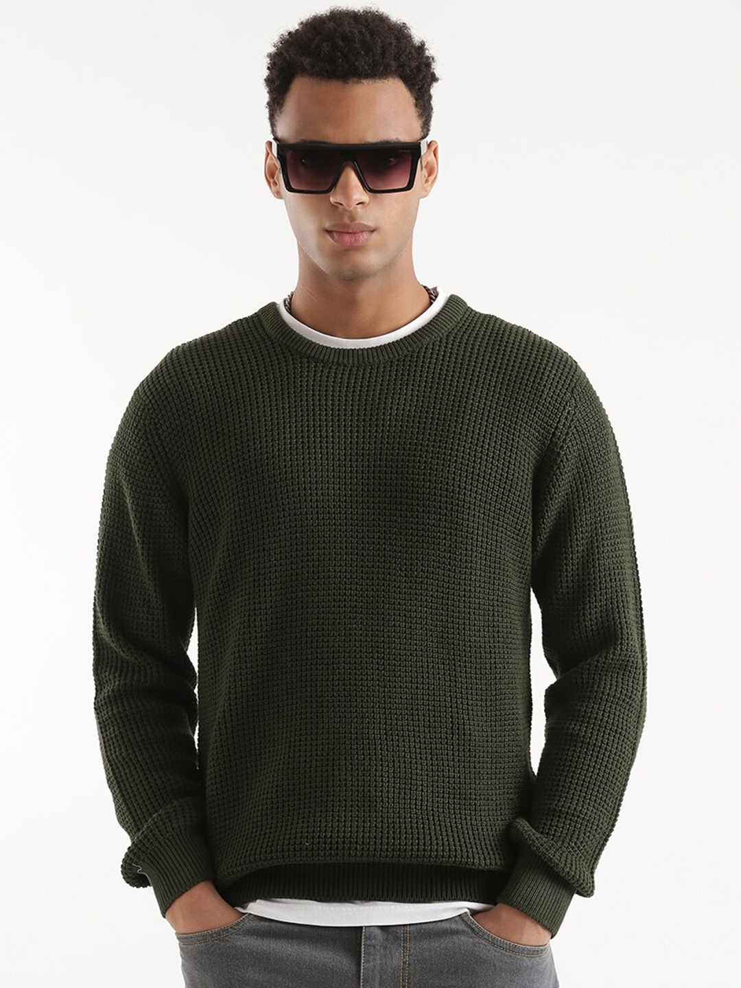 

WROGN Cable Knitted Round Neck Cotton Pullover Sweater, Olive