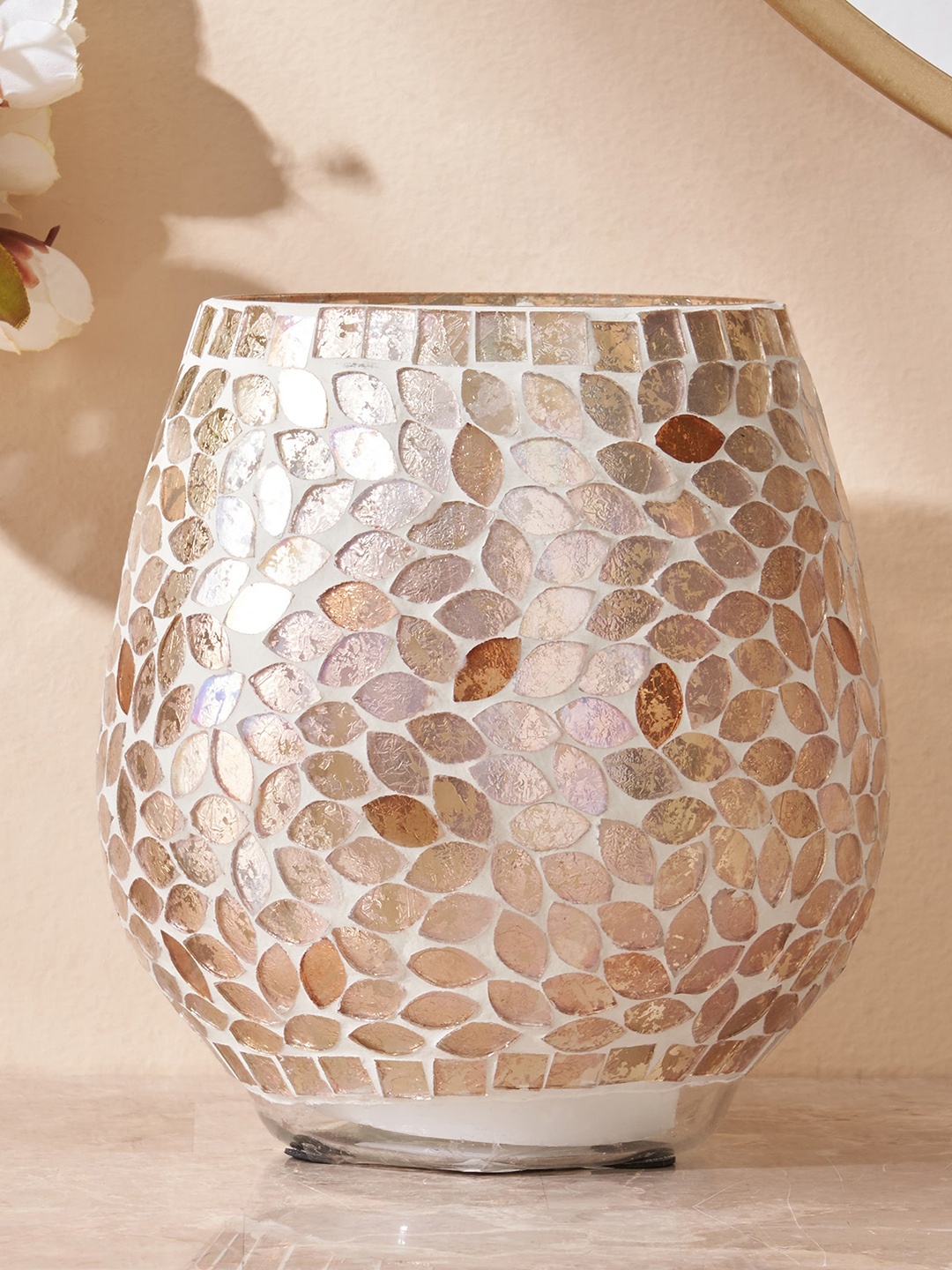 

Home Centre Mabel Arlen Gold Toned & White Textured Glass Mosaic Hurricane Candle Holder