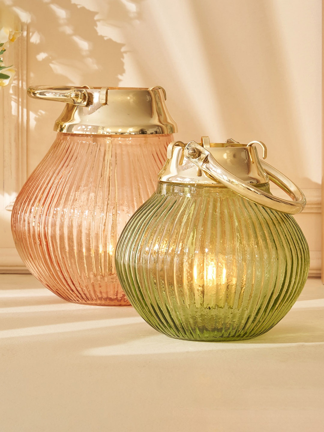 

Home Centre Moksha Matteo Glass Ribbed Lantern Candle Holder, Pink