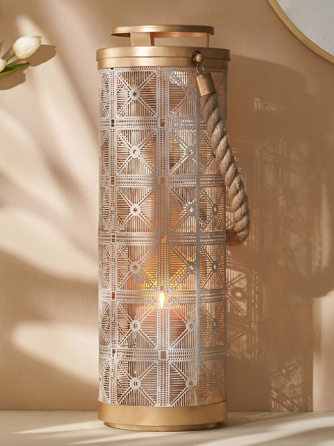 

Home Centre Brown Textured Iron Cutwork Hanging Lantern Candle Holder
