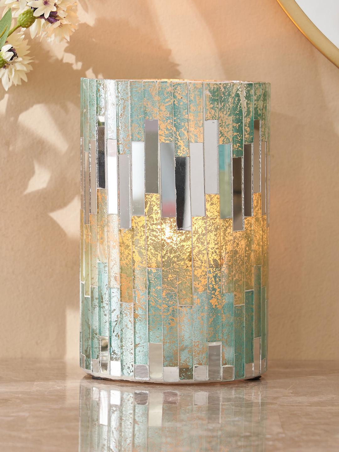 

Home Centre Mabel Green & Gold Toned Striped Glass Mosaic Hurricane Candle Holder