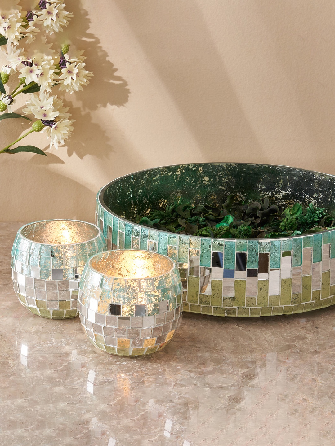 

Home Centre Green 2-Pieces Mabel Stripes Textured Glass Mosaic T-Light Holders
