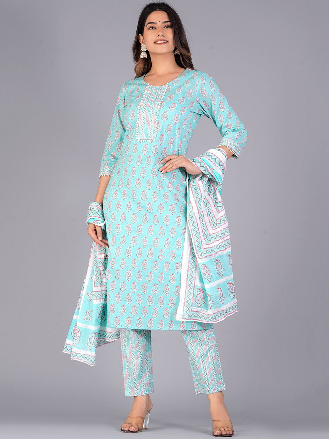 

JAIPURI COLLECTION Paisley Printed Gotta Patti Pure Cotton Kurta with Trousers & Dupatta, Turquoise blue