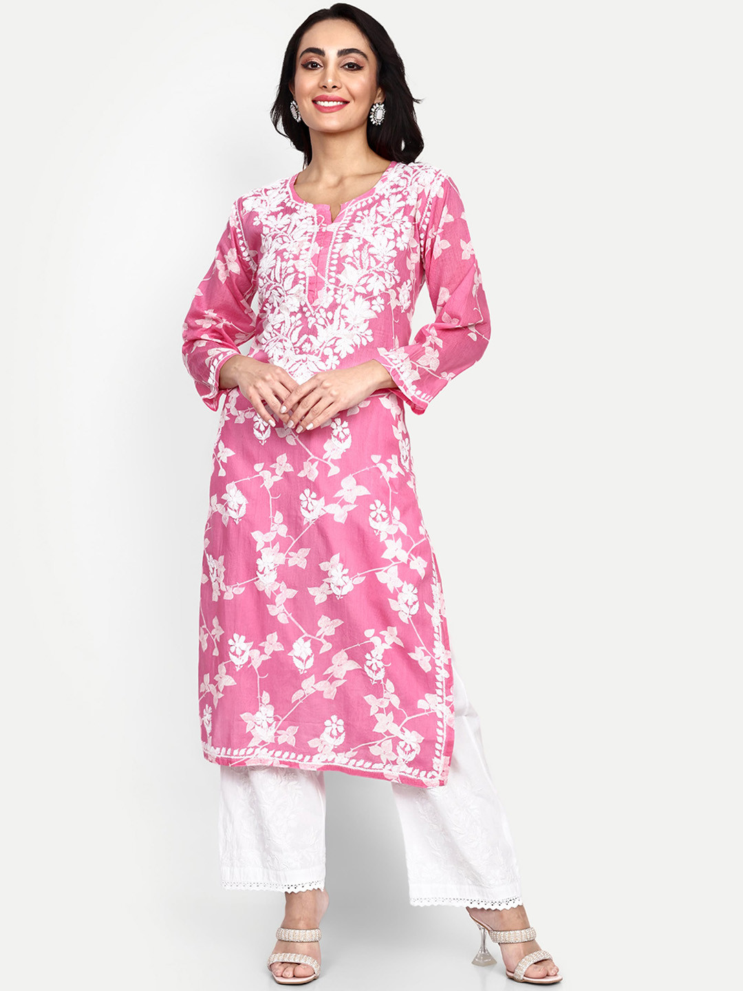 

Indiankala4u Floral Chikankari Embroidered Cotton Kurta, Pink