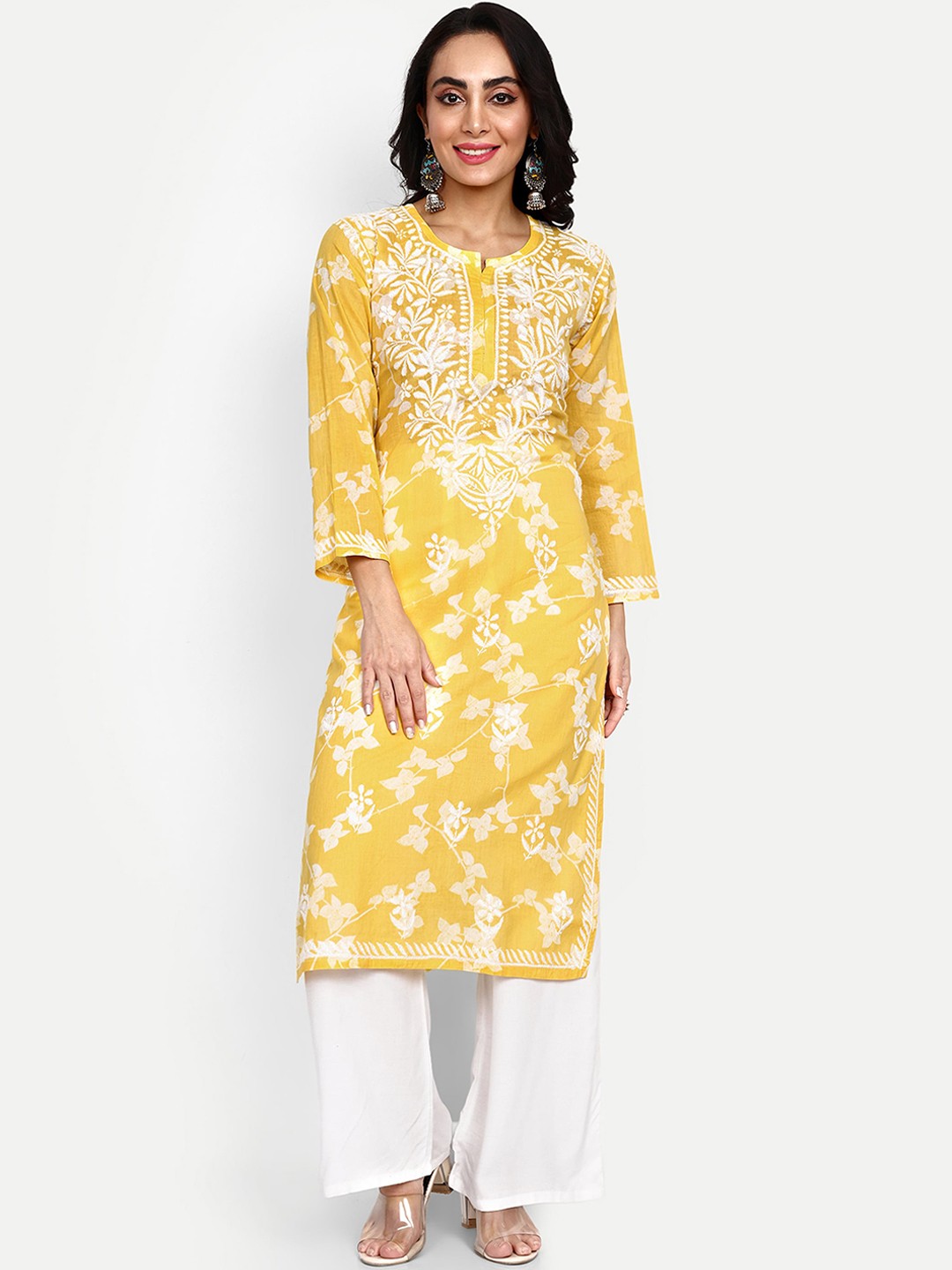 

Indiankala4u Floral Printed Chikankari Regular Cotton Kurta, Yellow